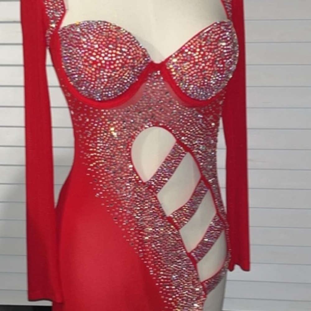 Red Rhinestone Cutout Dress - Picture 4 of 6